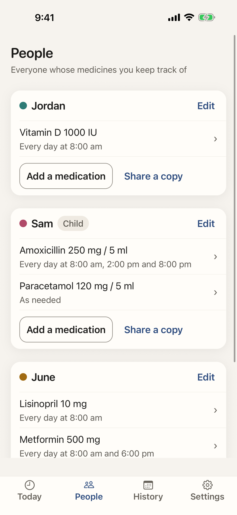 Screenshot of the people screen